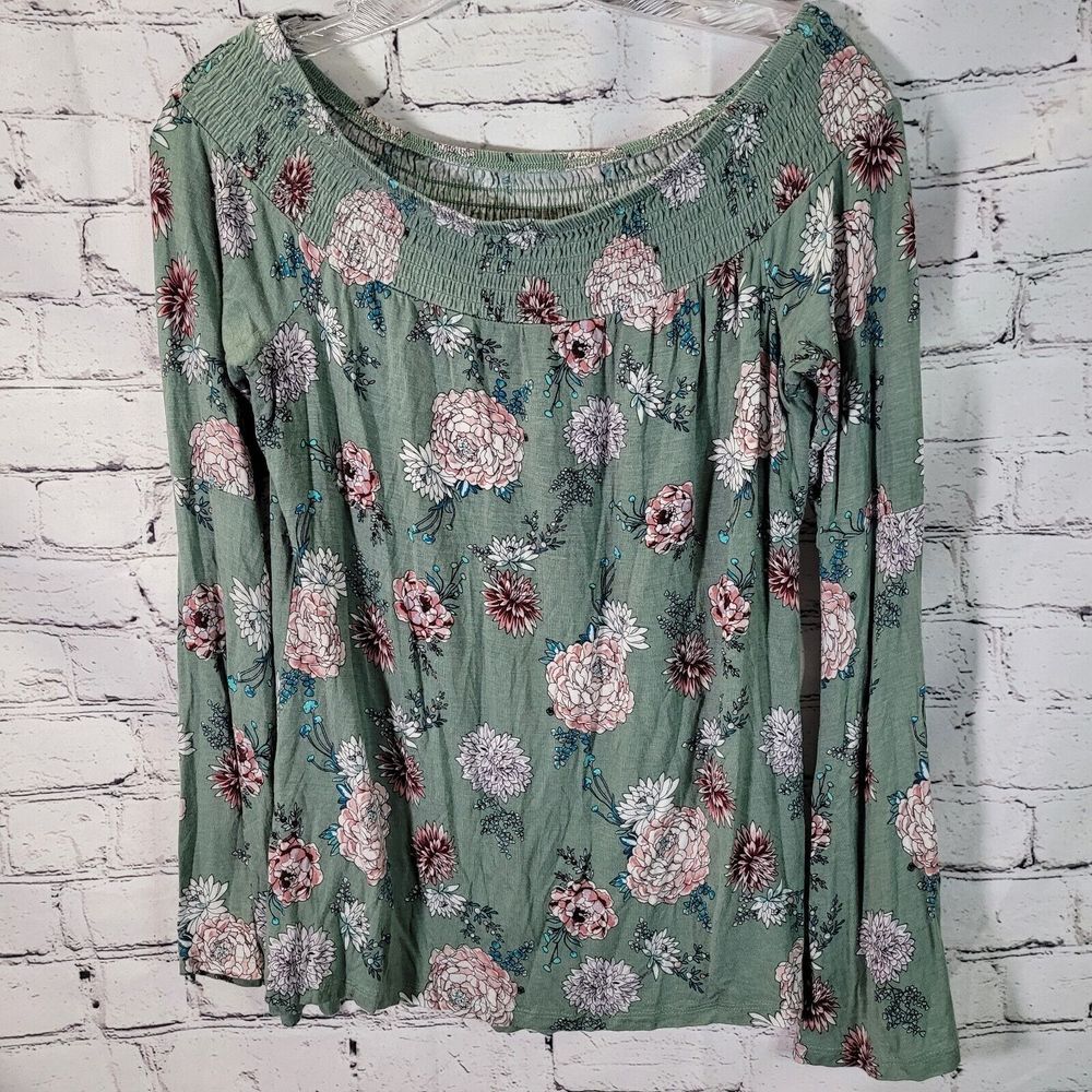 Ultra Flirt Smocked Floral Top Womens Small Green Excellent Bell Sleeve RK31473